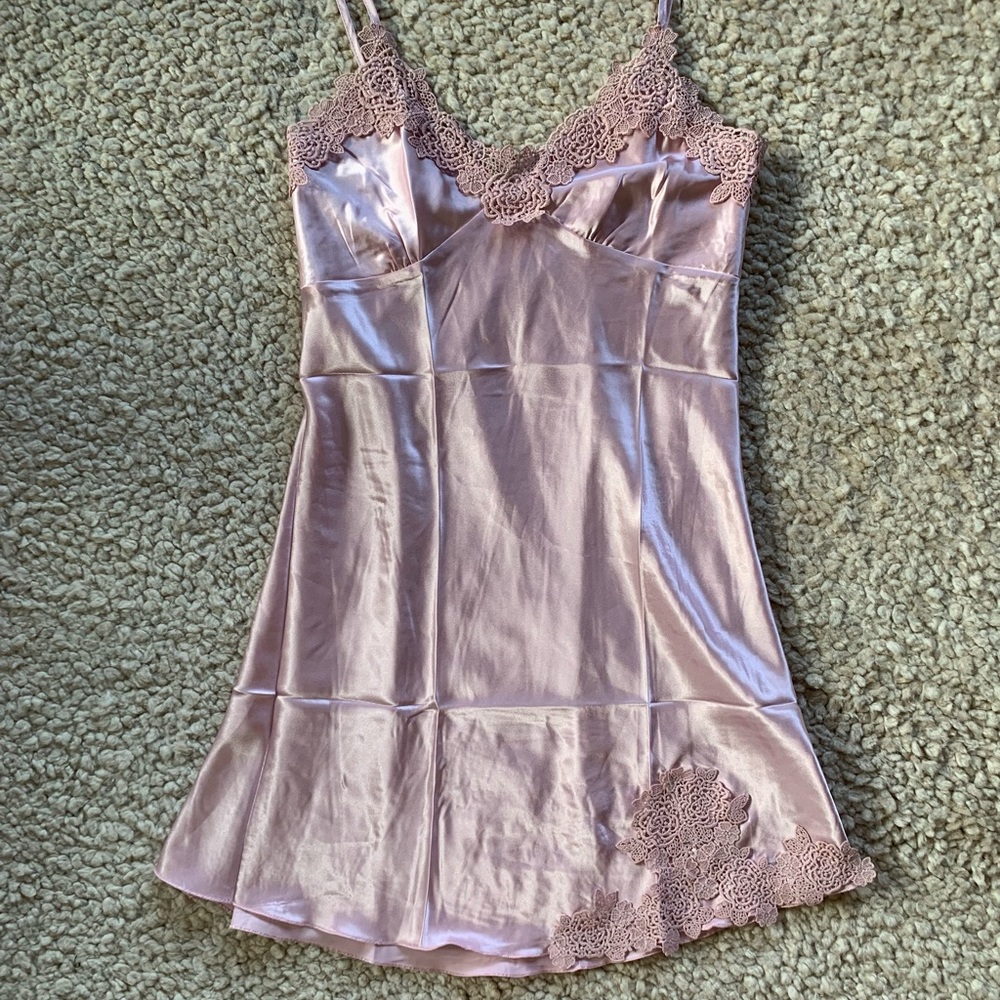 Light Blush Pink Satin Slip Dress with Embroidery Lace Trim & Neckline Size XXL
